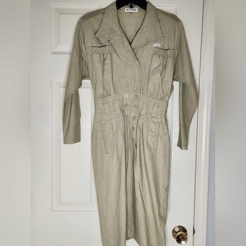 Vtg Nok Nok S SageGreen LngSlv Safary Style KhakiPockets RamieCotton Women Dress